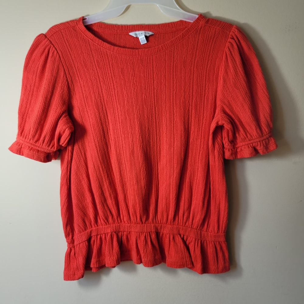 Lucky Brand Red Puff Sleeve Ribbed Shirt Size XS
